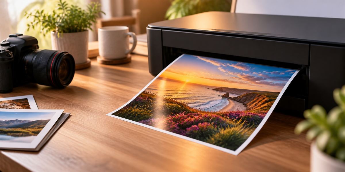A sunset photo, converted to JPG, coming out of a home printer