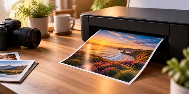 A sunset photo coming out of a printer after conversion to JPG