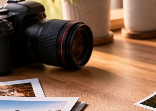 A camera on a wooden desk, photographed and saved as a small JPG