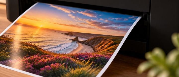 A printed sunset photo on a desk, saved from a WebP as a JPG